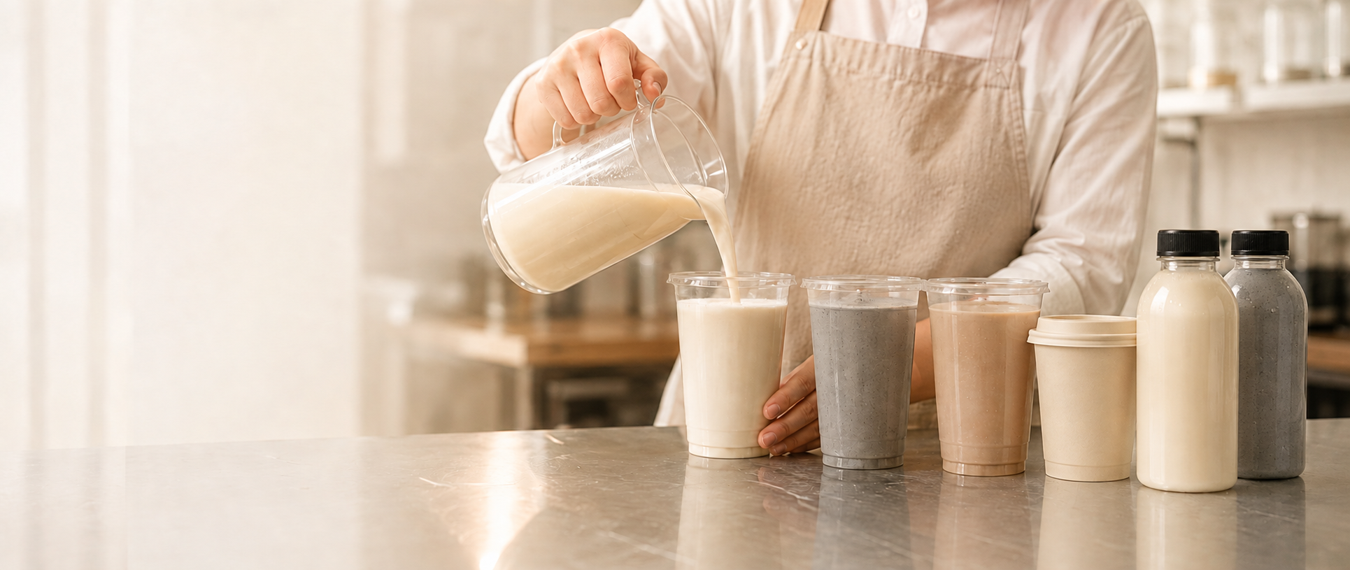 A cotton-uniformed team member pouring chilled soy beside three no-ice drinks, a paper cup and two grounded bottles