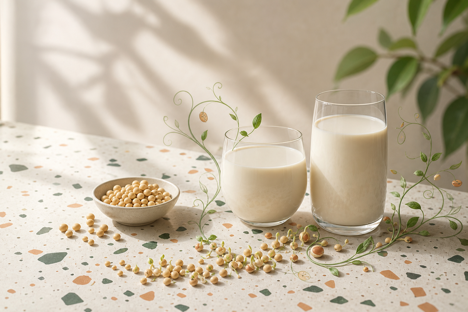 Creamy soy drinks surrounded by whole soybeans and young green sprouts